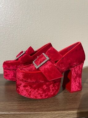 Dolls Kill Red Velvet Platform Heeled Loafers with Crystal Buckle